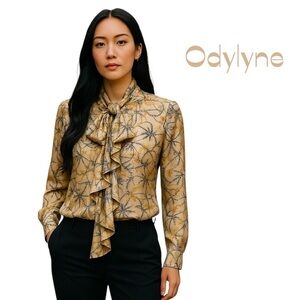 Odylyne Gold Silk Ruffle Long Sleeve Shirt NWT Size XS